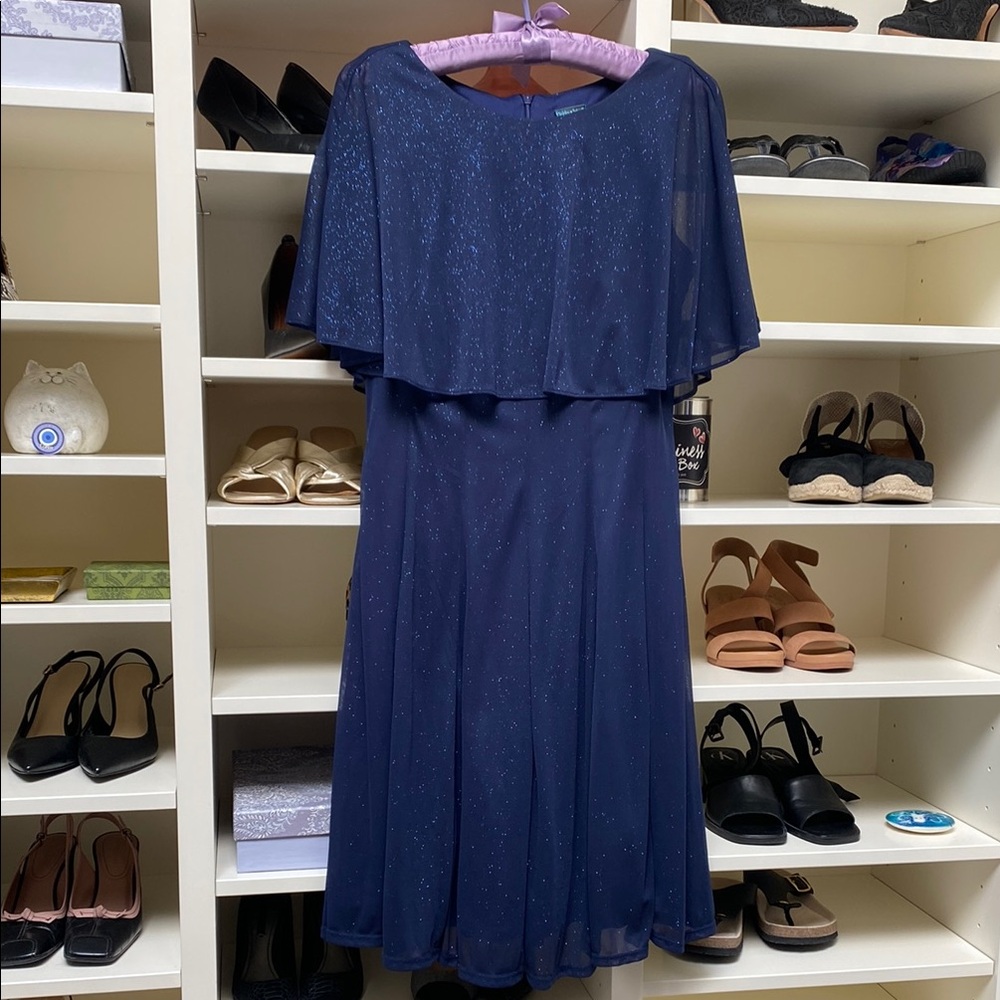 Gabby Skye Blue Tiered Midi Dress with Flutter Sleeves & Lots of Sparkle! Size 8